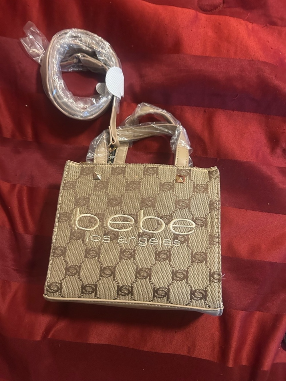 bebe Los Angeles Beige Logo Mini Tote Bag